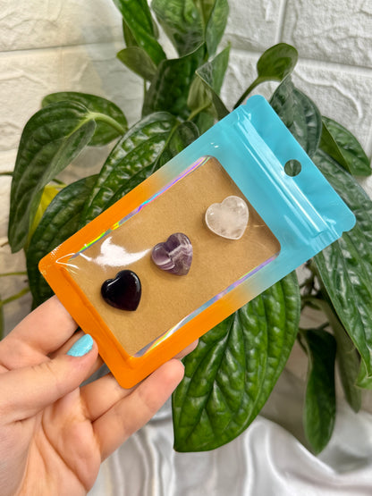 1 auramoon obsidian, chevron amethyst, and quartz heart pack