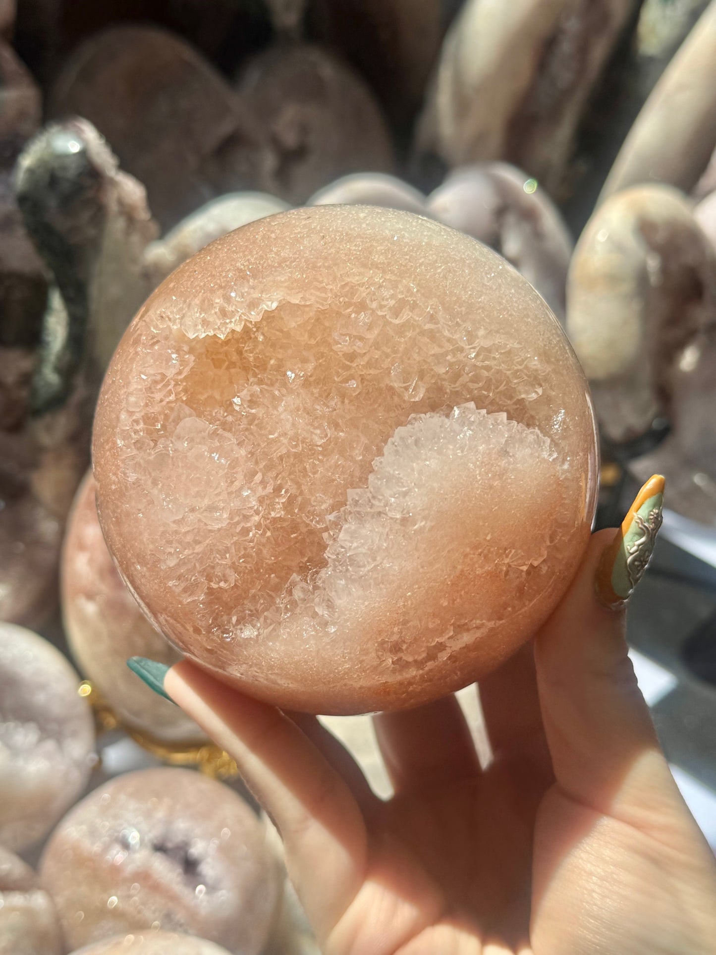 Stunning peachy pink amethyst sphere from Brazil