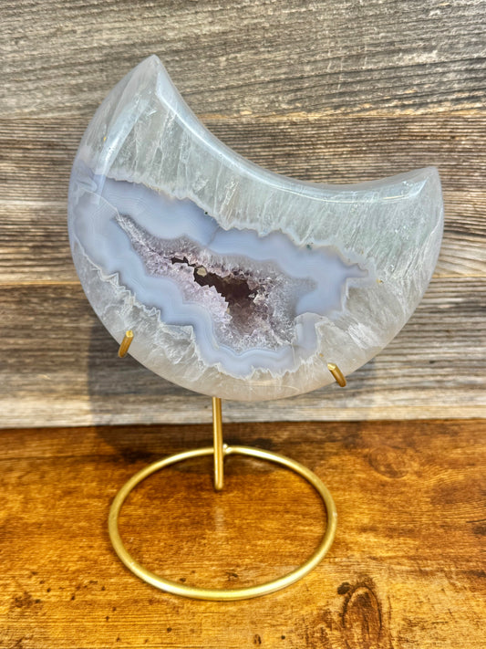 XL druzy agate moon with amethyst on stand from Brazil