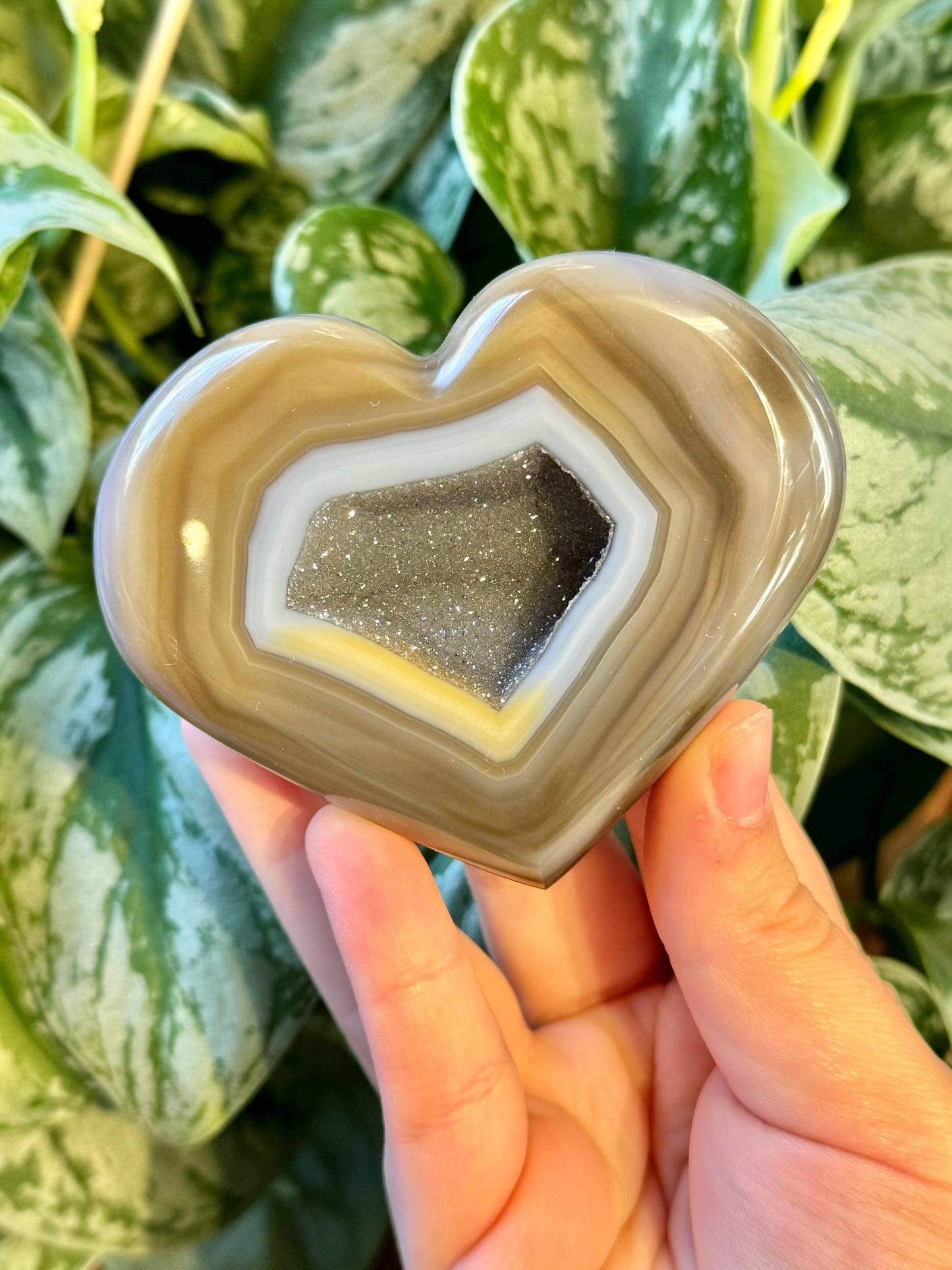 Beautiful druzy agate heart on gold stand from Brazil C