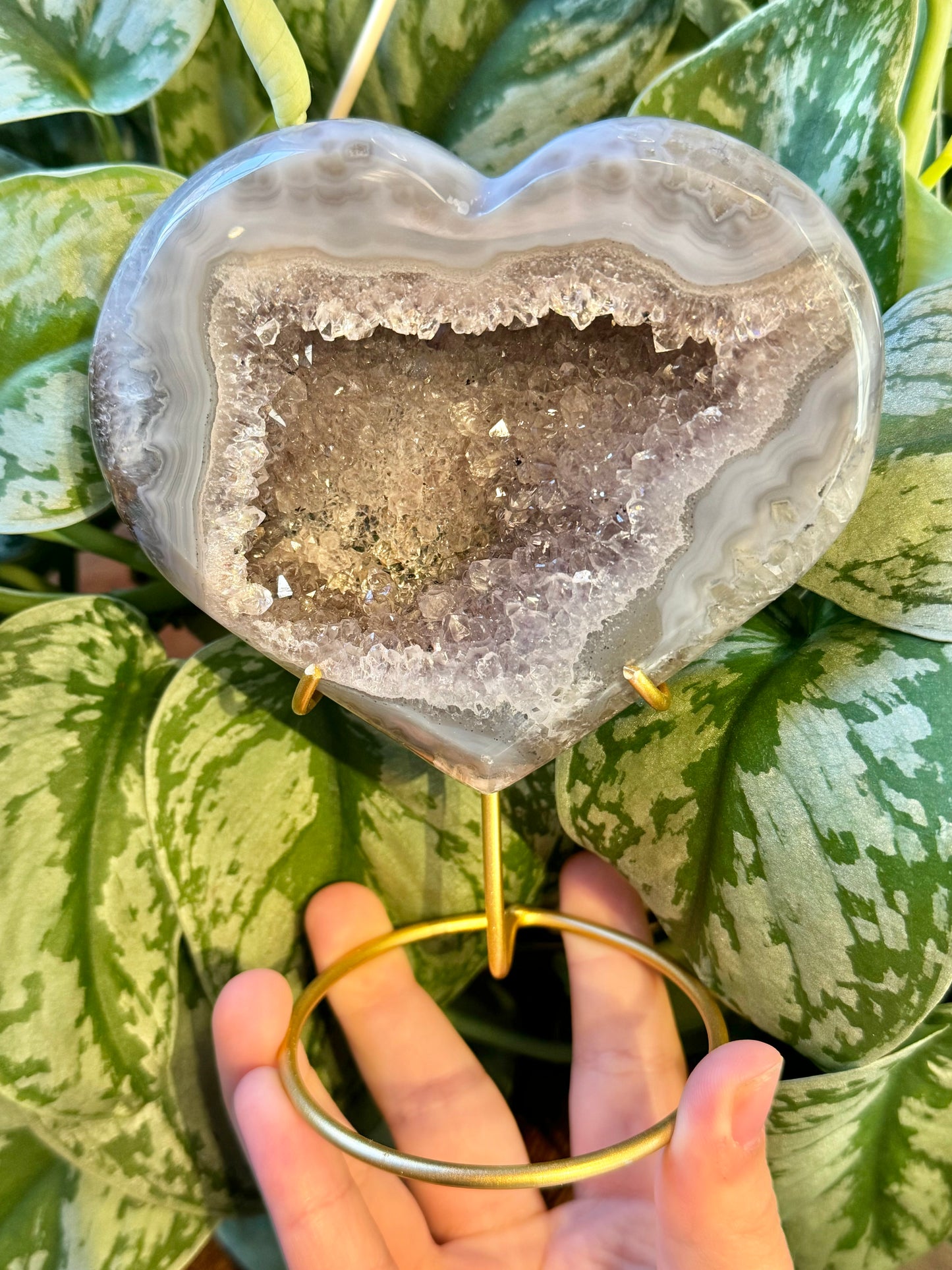 Beautiful druzy agate heart on gold stand from Brazil M