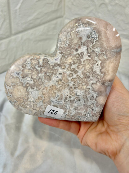 Incredible banded pink amethyst heart on stand