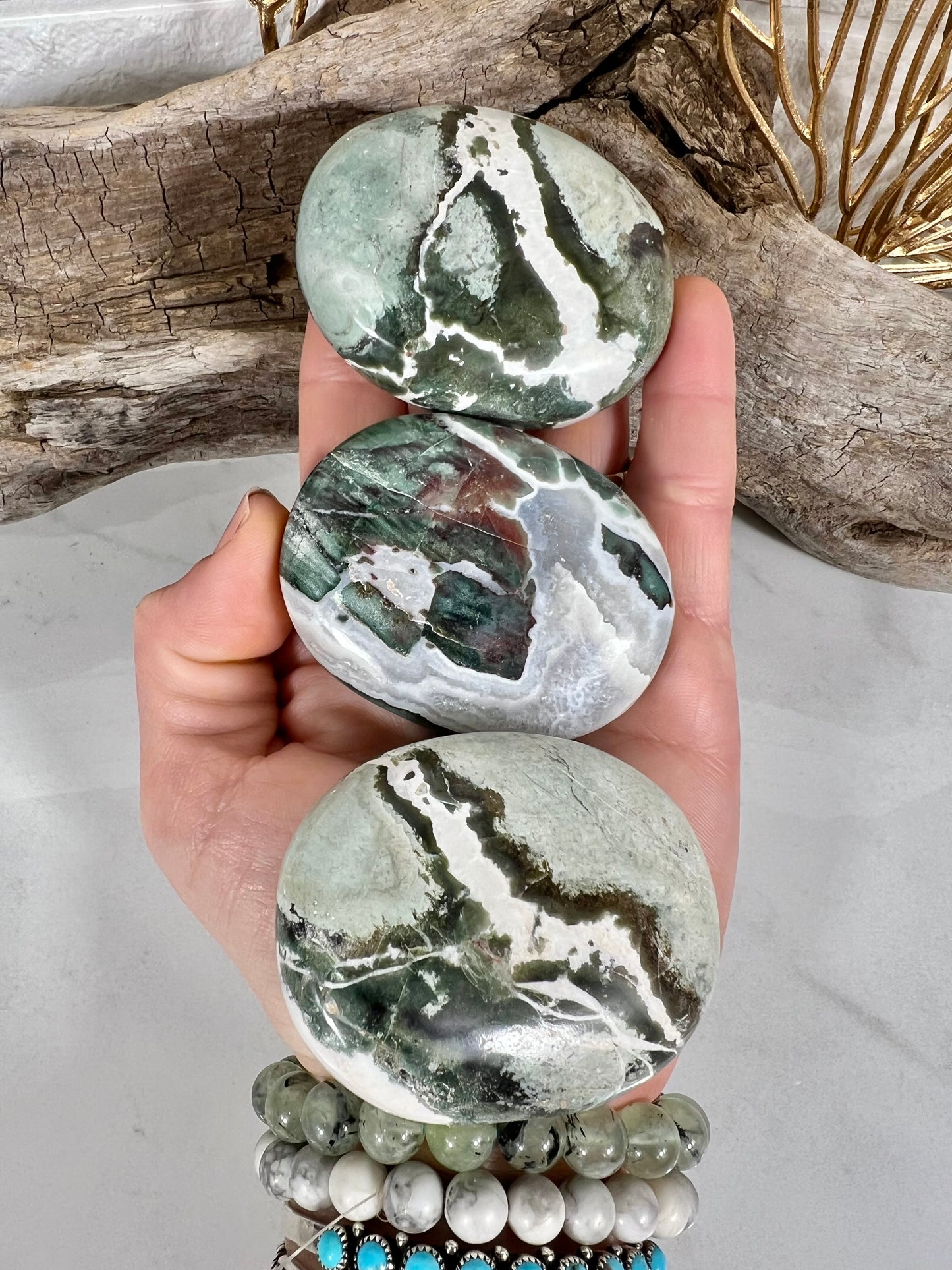 1 LG green zebra jasper palm stone