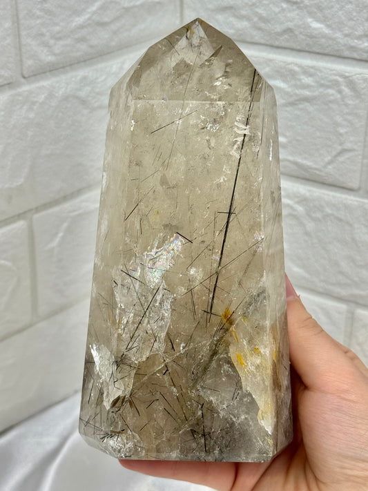 Statement smoky rutile tower with rainbows from Brazil