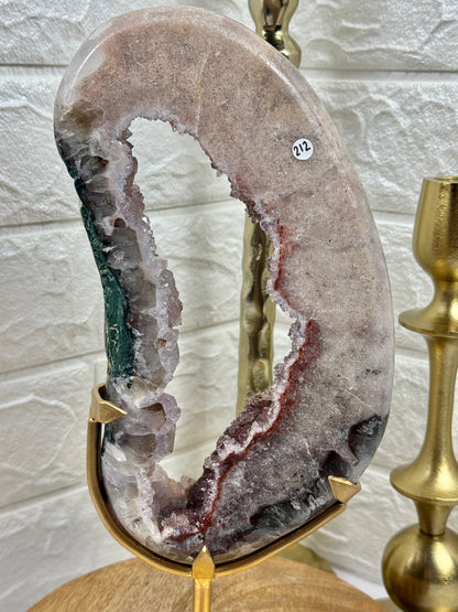Stunning purple/red/pink amethyst portal on gold stand from Brazil