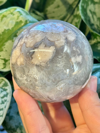 Chlorite included flower agate sphere