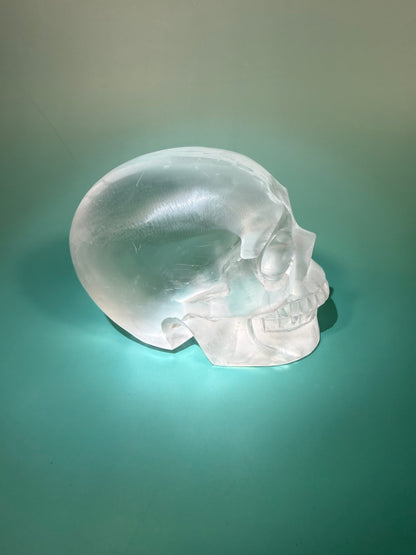 Incredible satin spar skull carving C