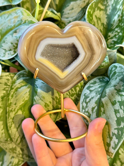 Beautiful druzy agate heart on gold stand from Brazil C