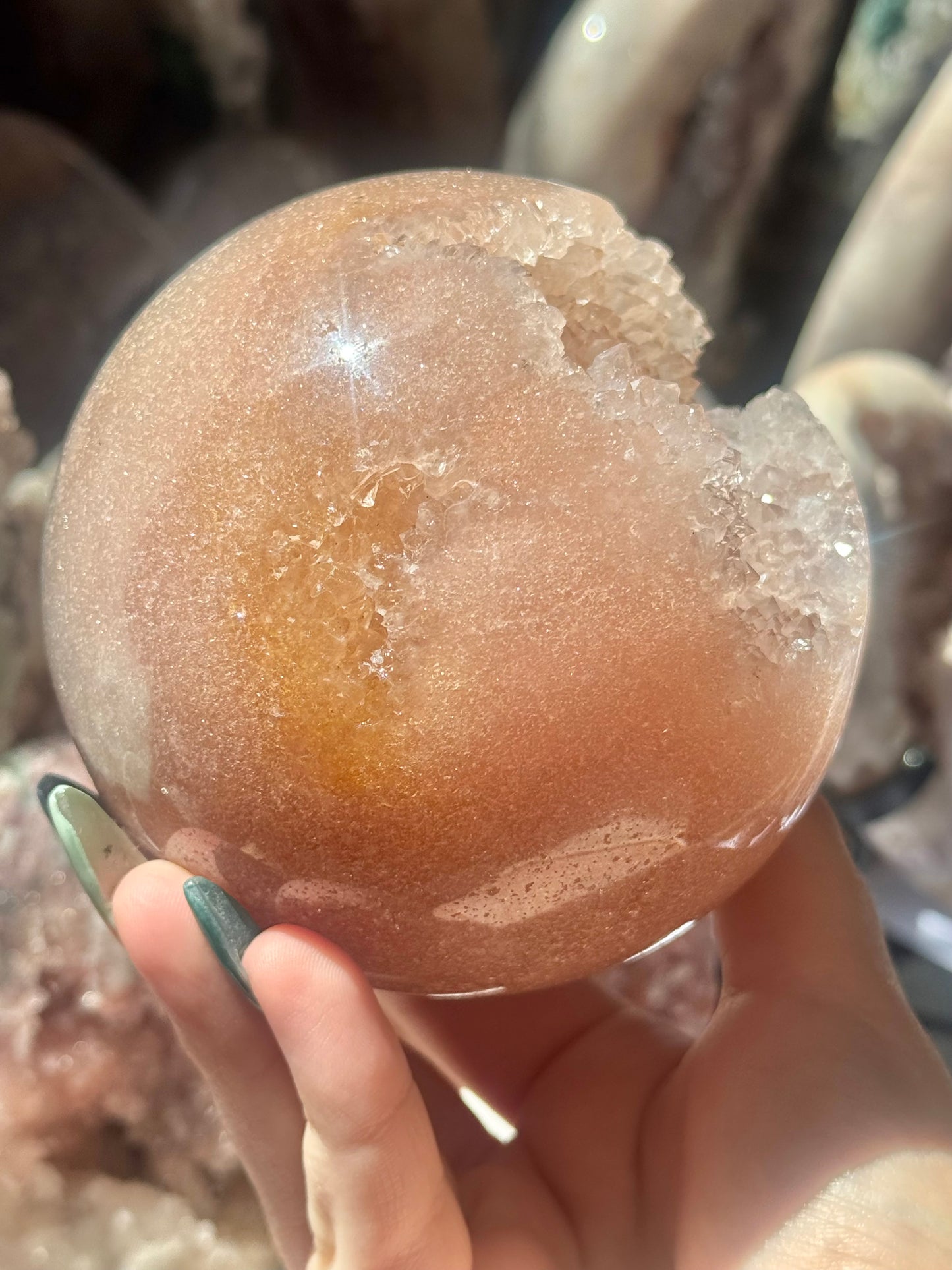 Stunning peachy pink amethyst sphere from Brazil