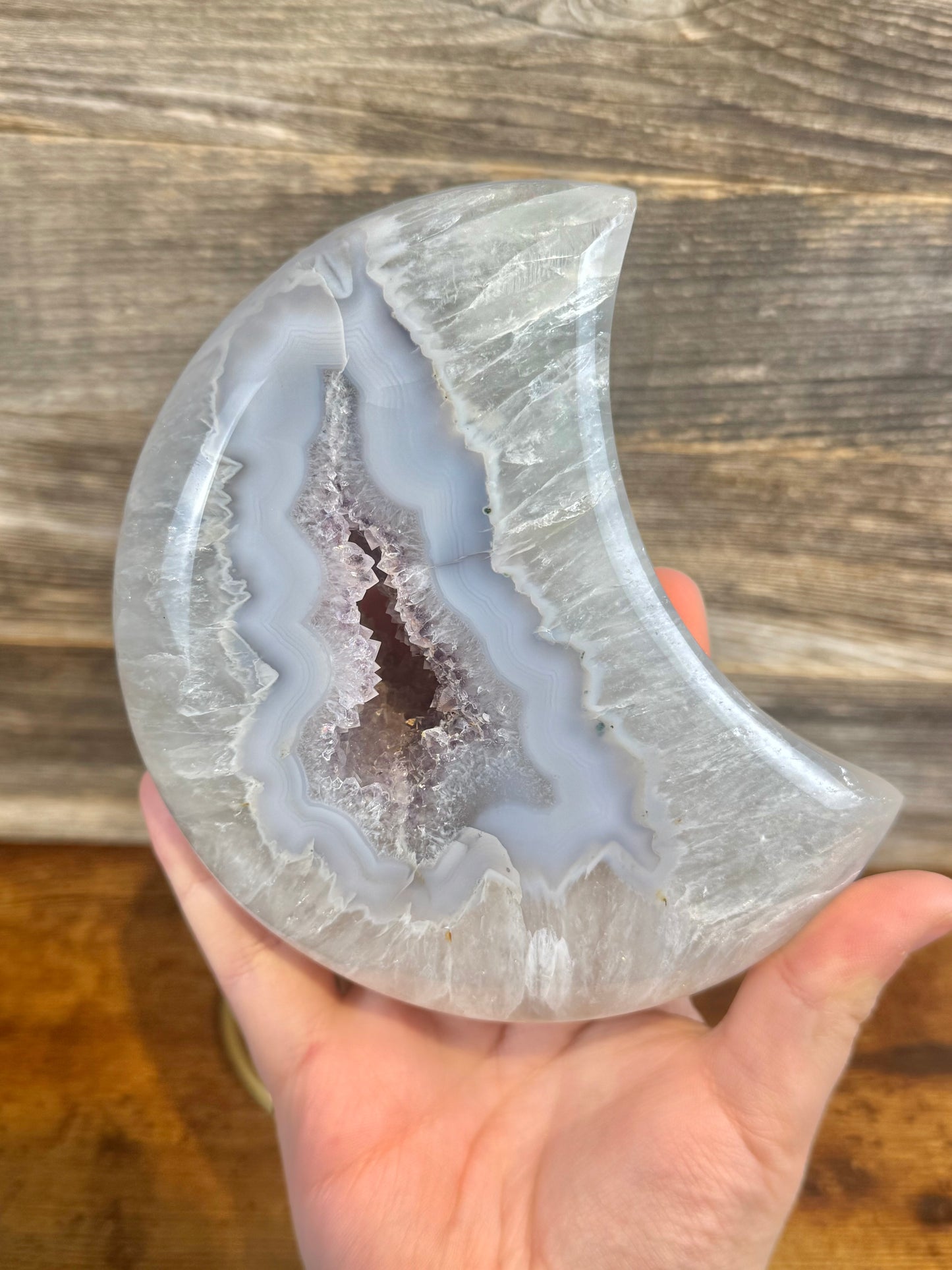 XL druzy agate moon with amethyst on stand from Brazil