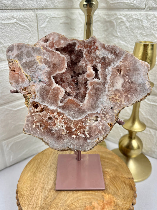 Druzy flower pink amethyst slab on stand from Brazil