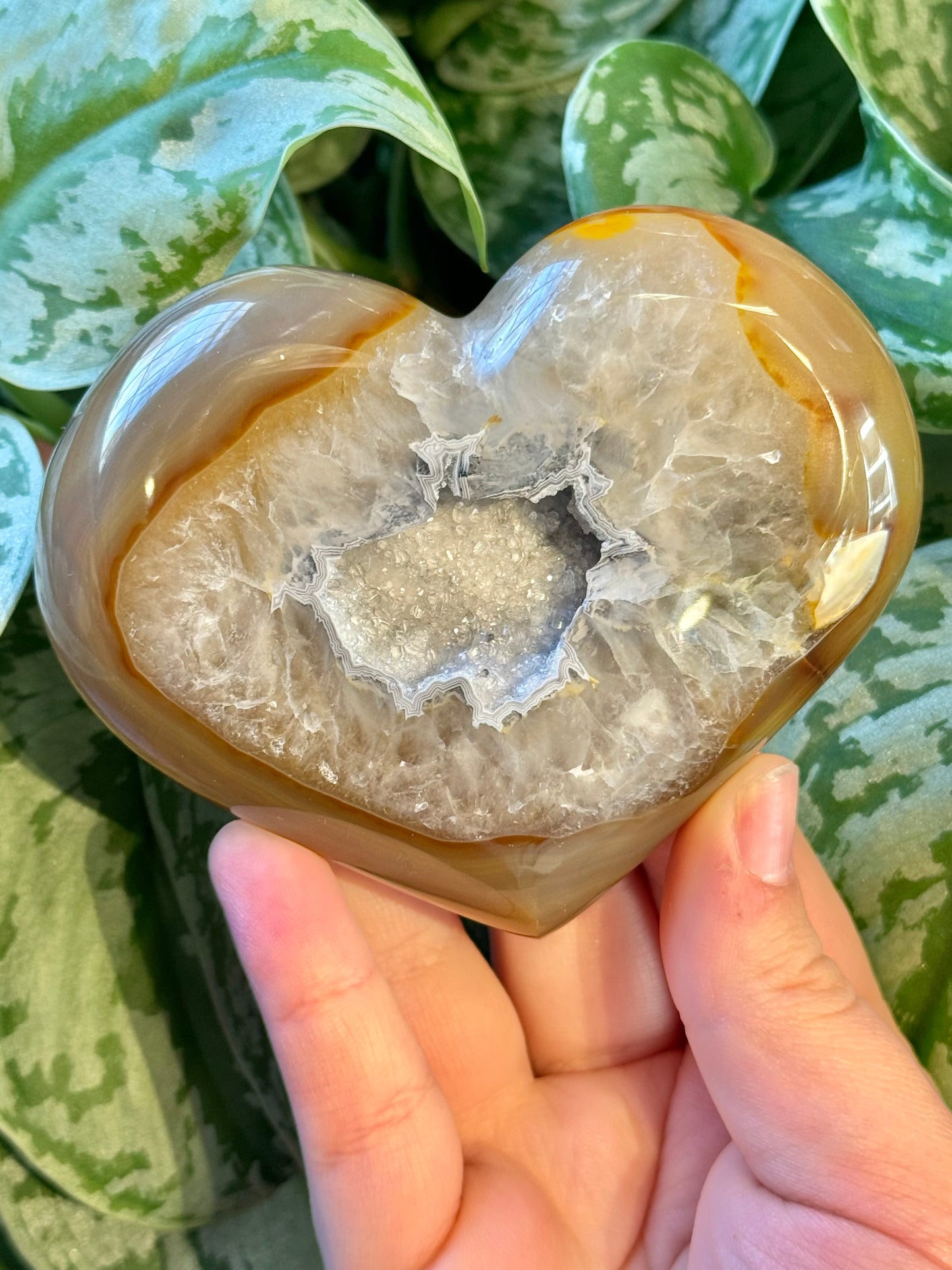 Beautiful druzy agate heart on gold stand from Brazil A