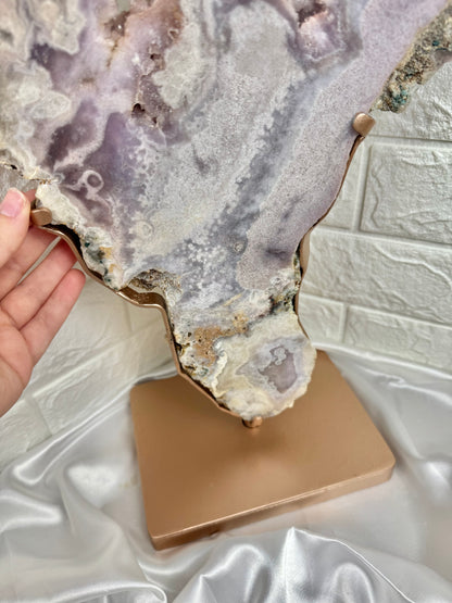 Absolutely massive XXL pink/purple amethyst slab with druzy from Brazil (comes with custom spinny rose gold stand)