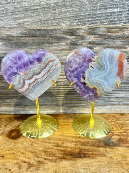 You pick! Amethyst x crazy lace agate heart on gold zodiac stand