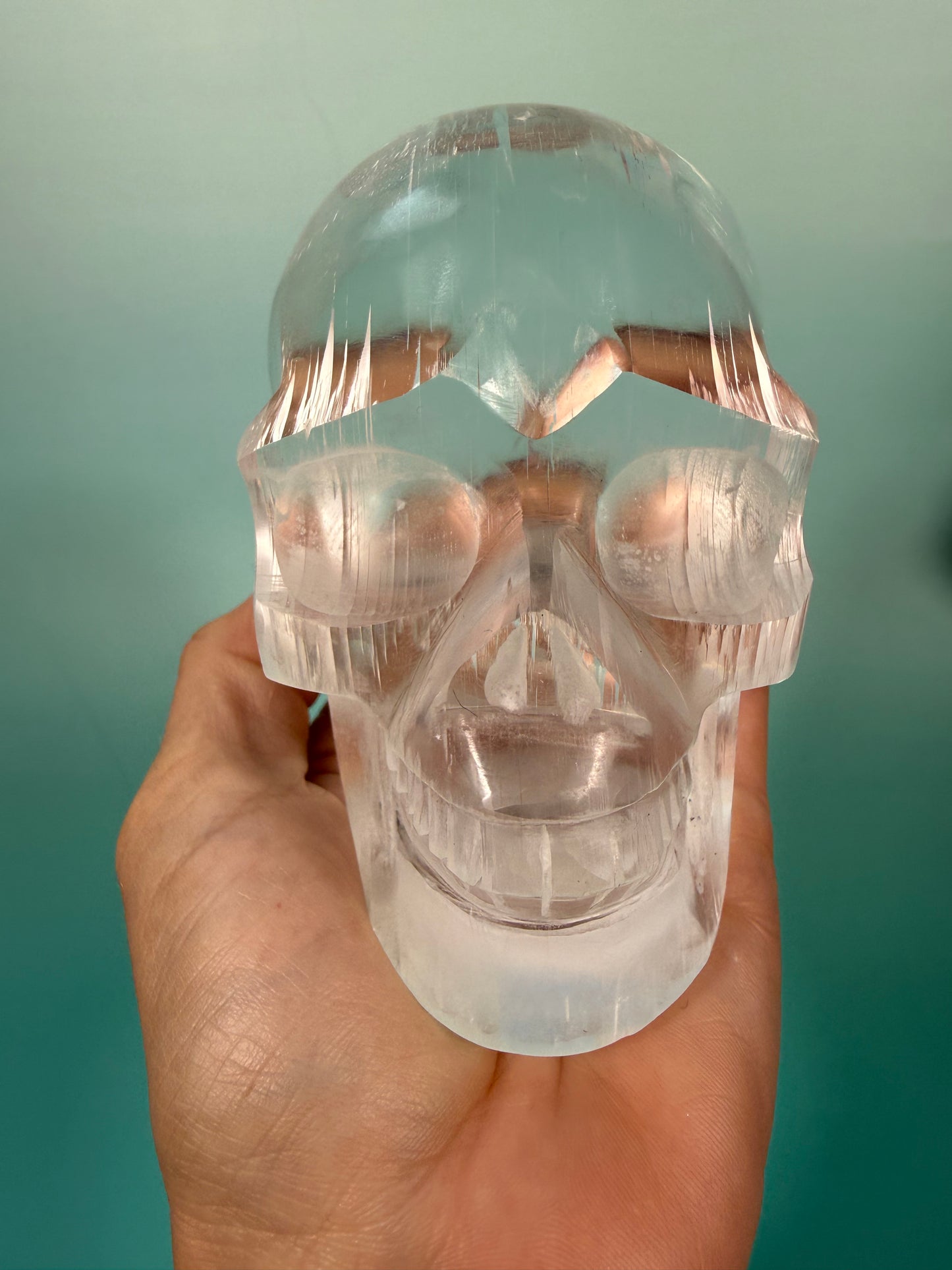 Amazing satin spar skull carving X