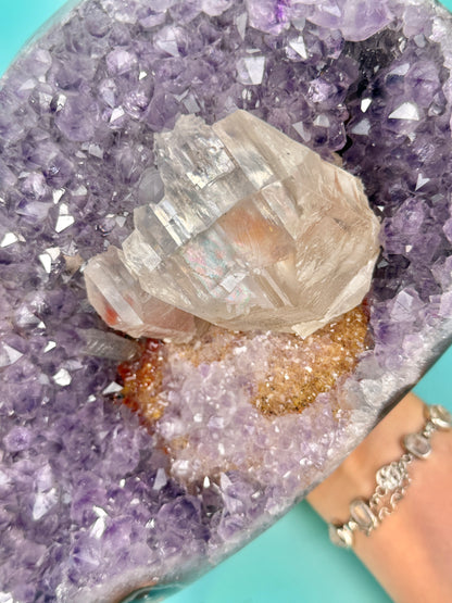 Statement juicy purple Uruguay amethyst with orange color and big calcite inclusion (comes with stand)