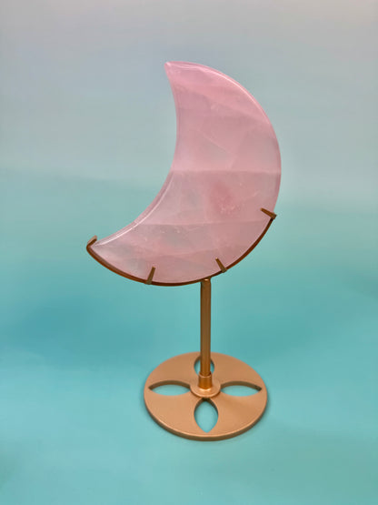 1 pink rose quartz moon on gold stand