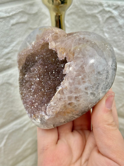 Amazing champagne amethyst heart with quartz on gold stand from Brazil