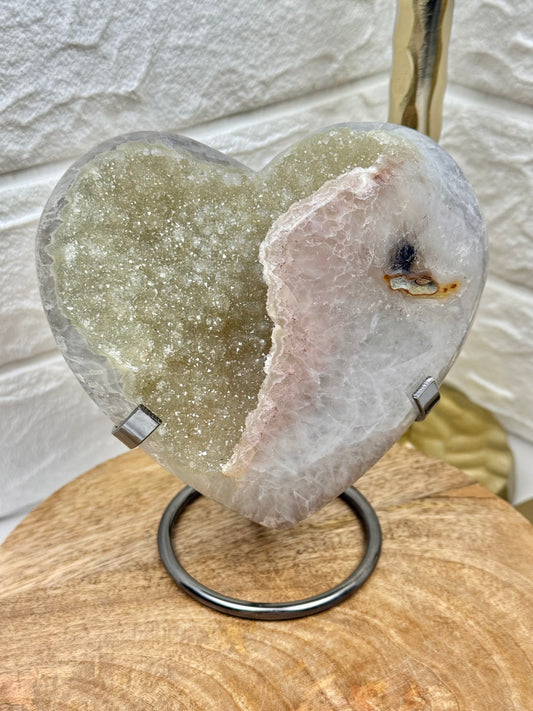 Incredible statement green amethyst x quartz heart on stand from Brazil