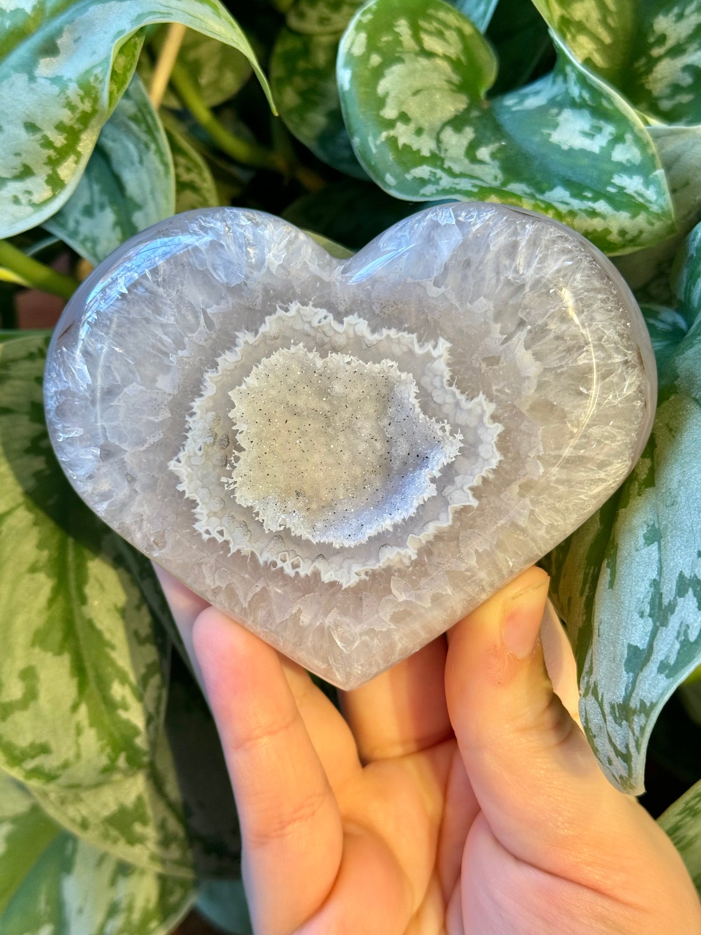 Beautiful druzy agate heart on gold stand from Brazil K