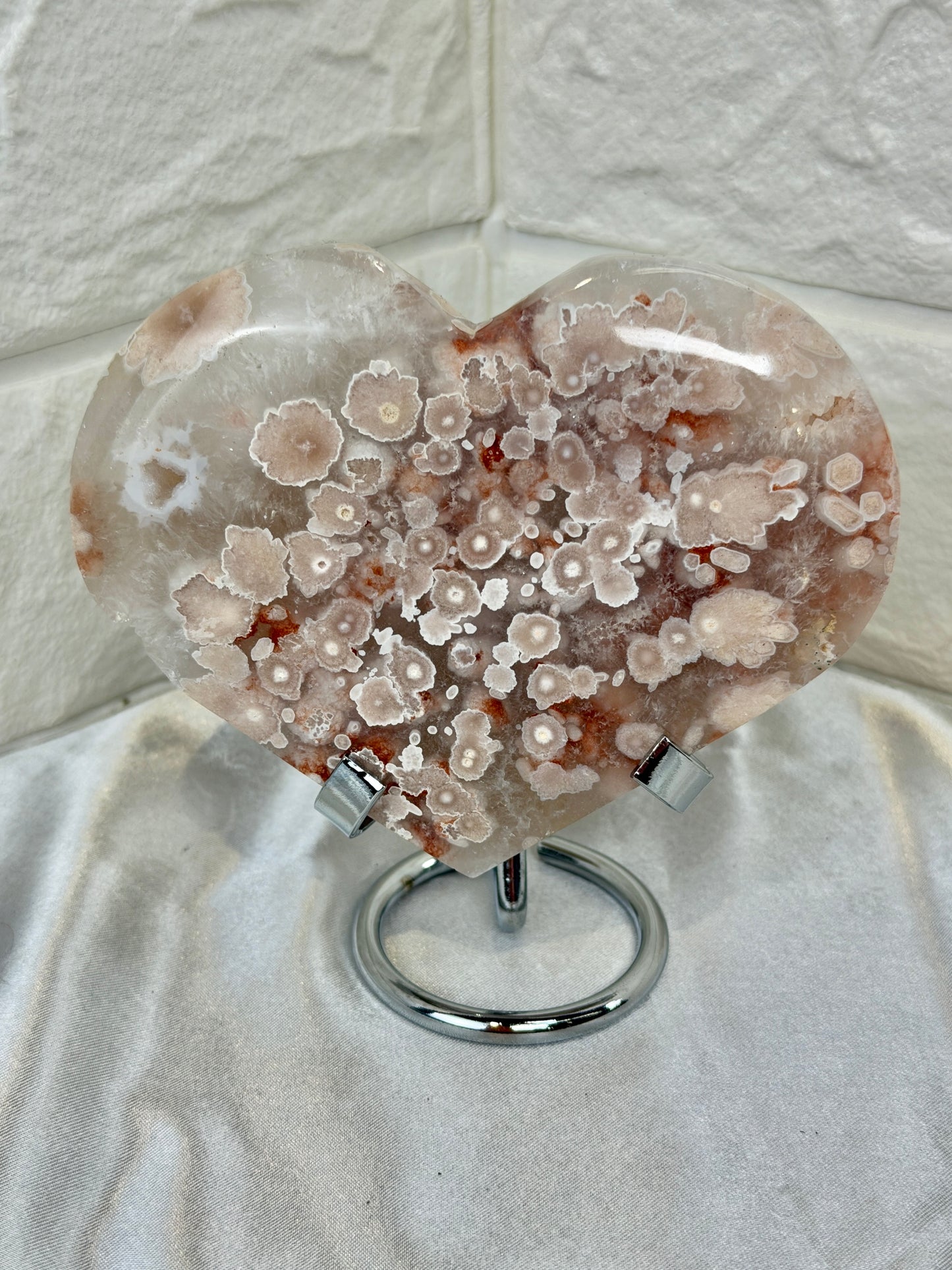 Insane “cherry blossom” flower agate heart on stand