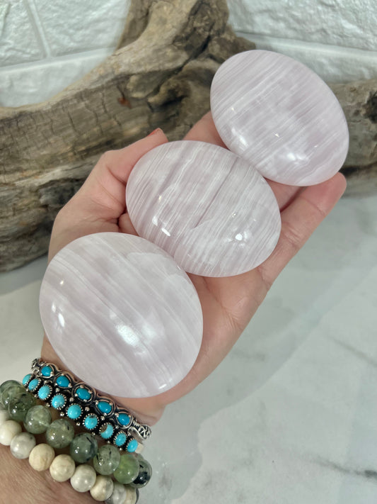1 stunning pink mangano calcite palm stone
