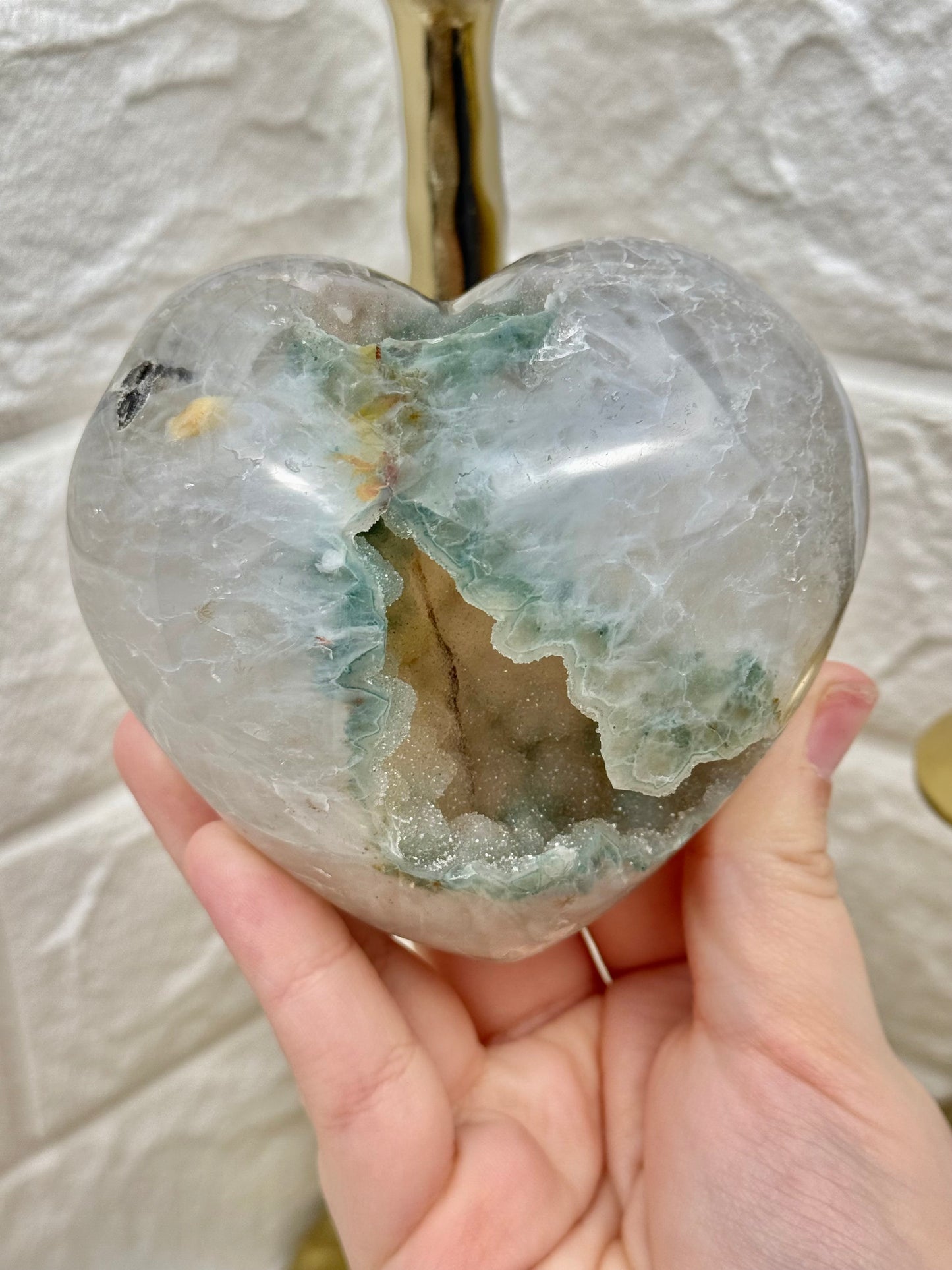 Stunning sugary green amethyst heart with quartz on stand from Brazil