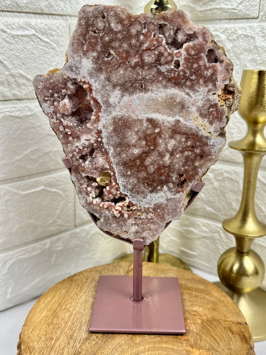 Flower pink amethyst slab on stand from Brazil