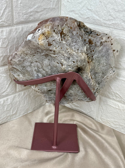 Druzy pink amethyst slab on rose gold stand from Brazil