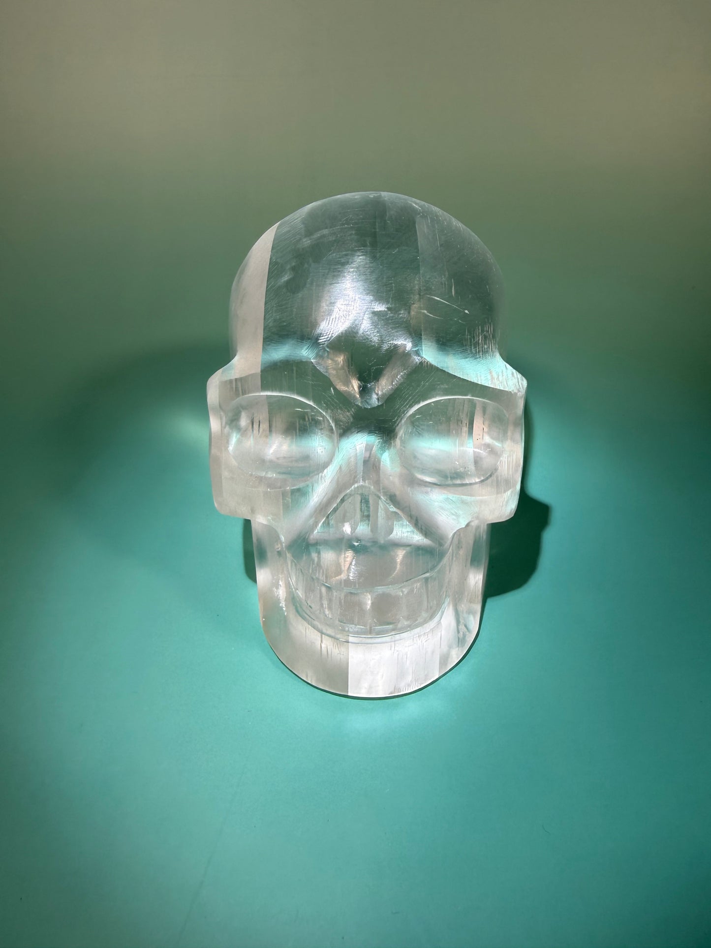 Stunning satin spar skull carving A