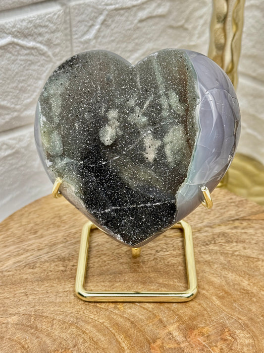 Beautiful dark green amethyst x agate heart on gold stand from Brazil