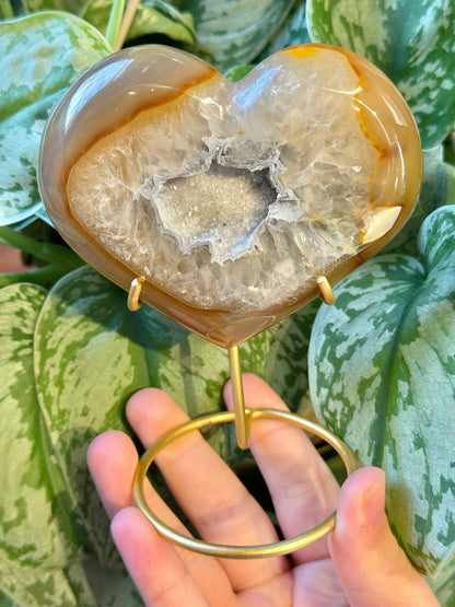 Beautiful druzy agate heart on gold stand from Brazil A