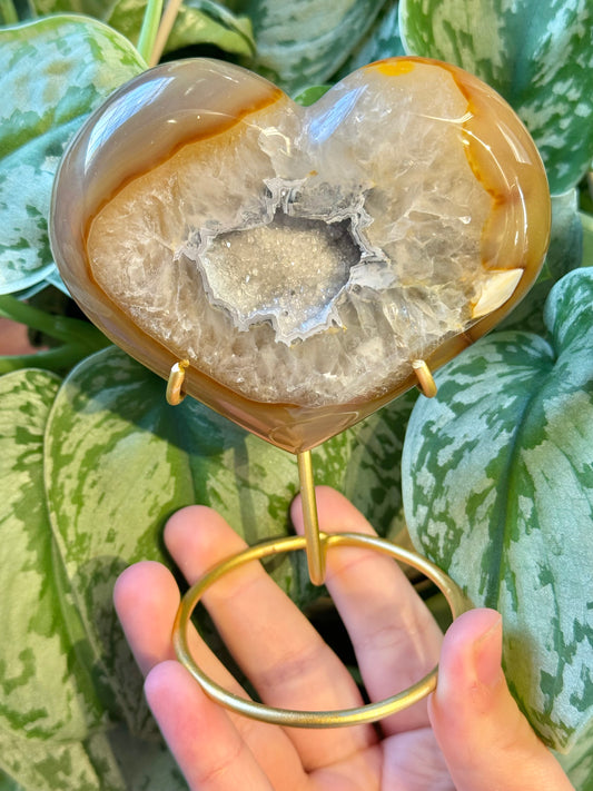 Beautiful druzy agate heart on gold stand from Brazil A