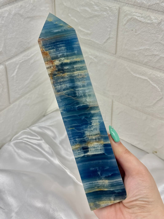 Incredible high grade banded blue lemurian aquatine calcite tower