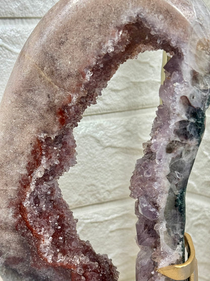 Stunning purple/red/pink amethyst portal on gold stand from Brazil