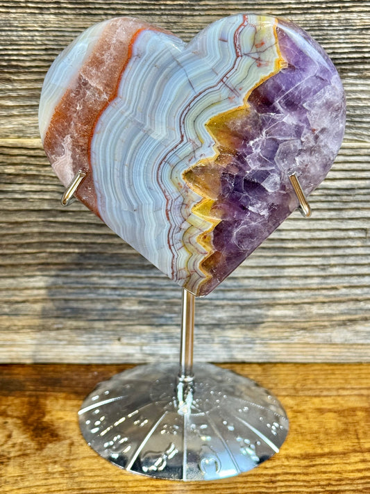 Amethyst x crazy lace agate heart on silver zodiac stand C