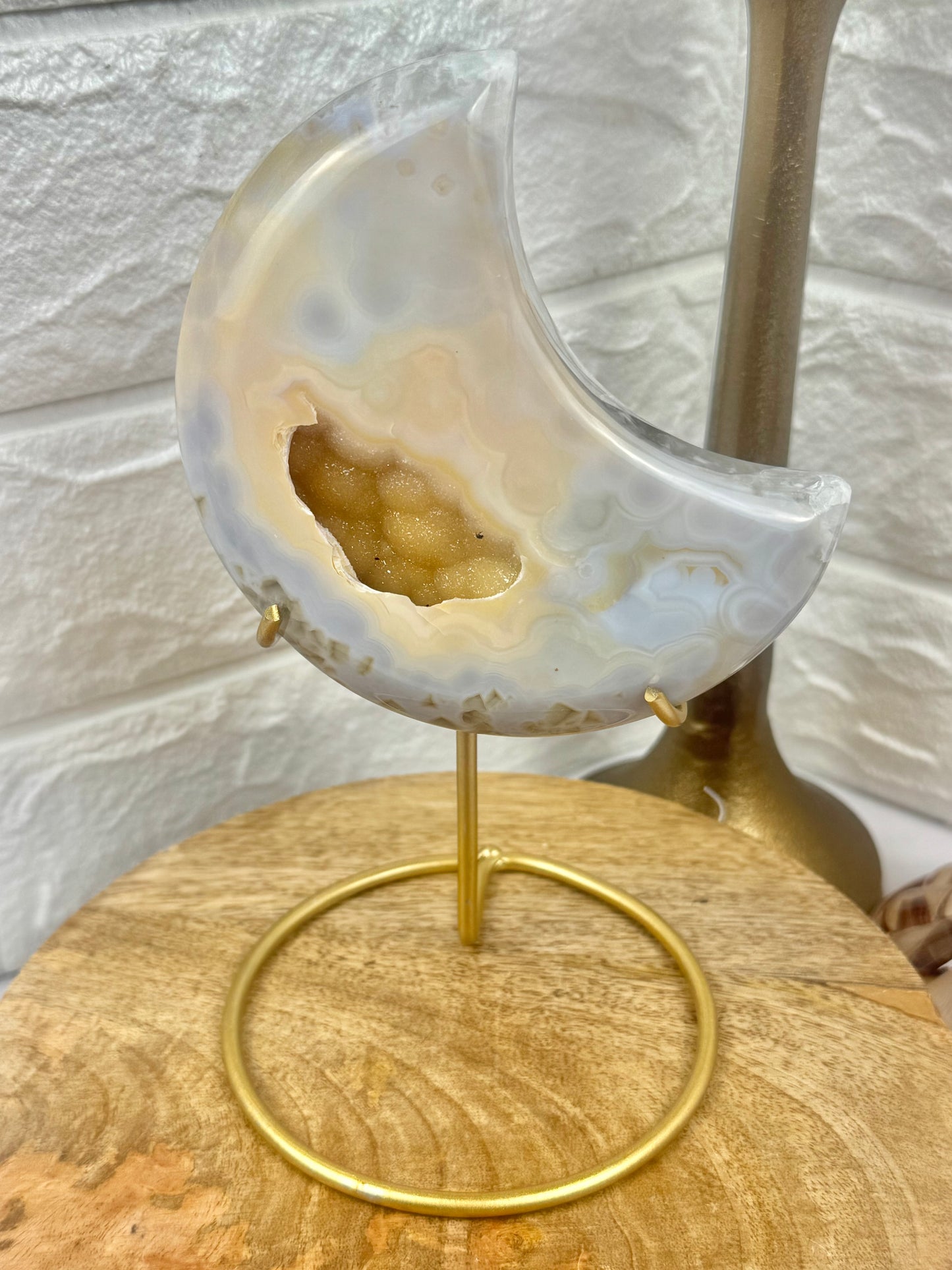 Stunning lemon yellow/ baby blue druzy agate moon on stand from Brazil