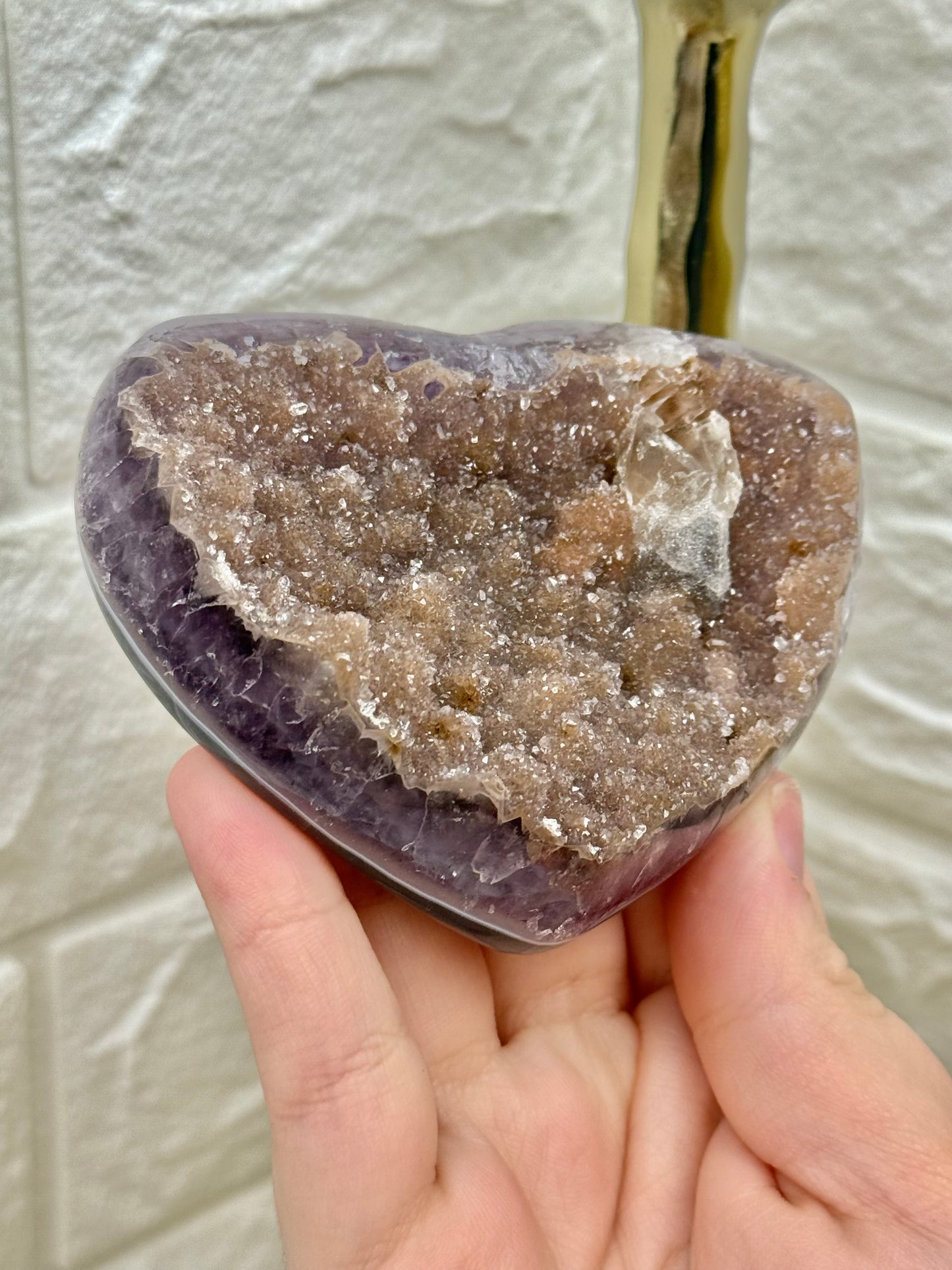 Incredible amethyst heart with calcite on gold stand from Brazil