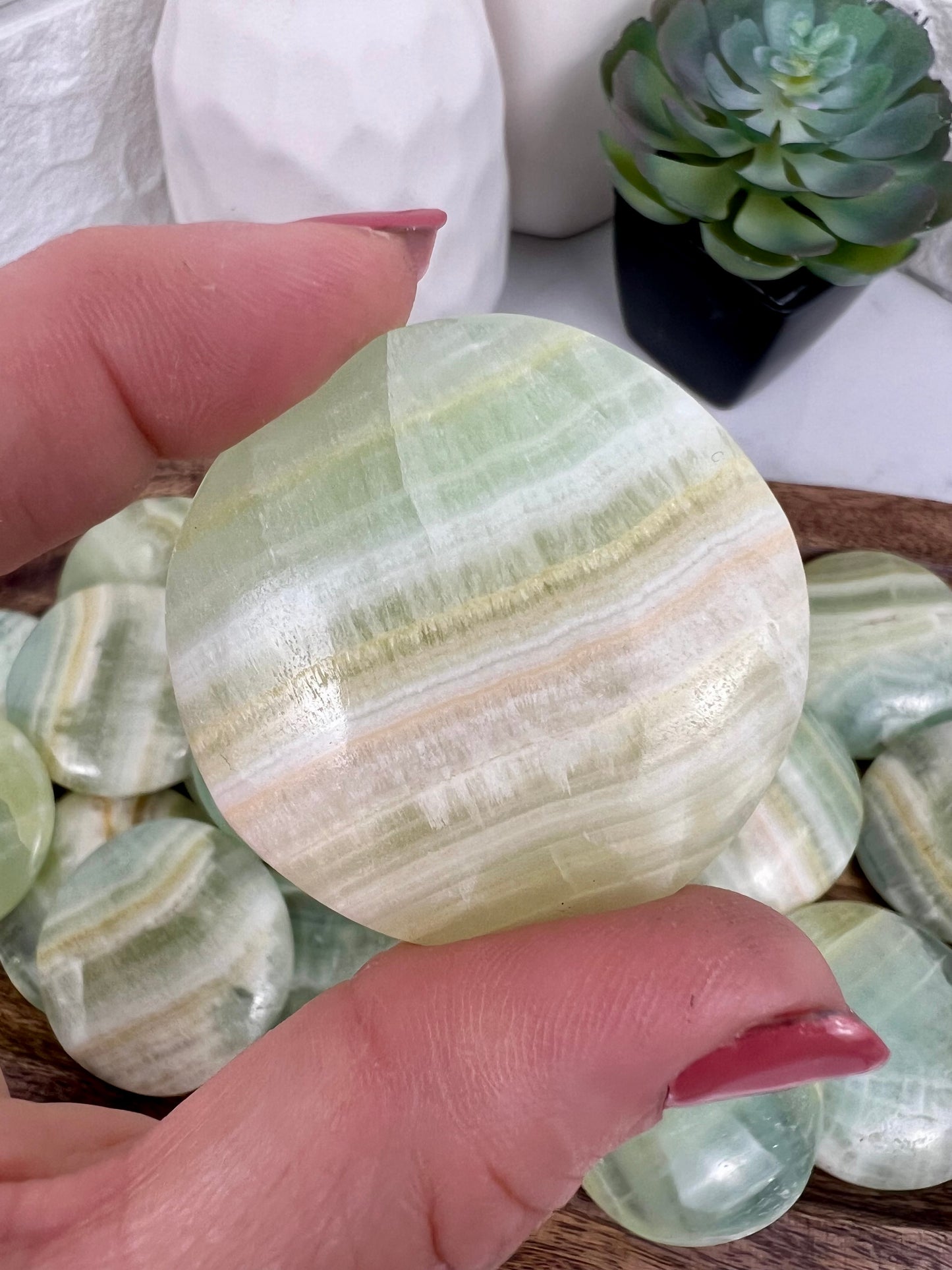 1 pistachio calcite “cookie” flat stone