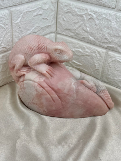 Pink opal chameleon x lizard statement carving