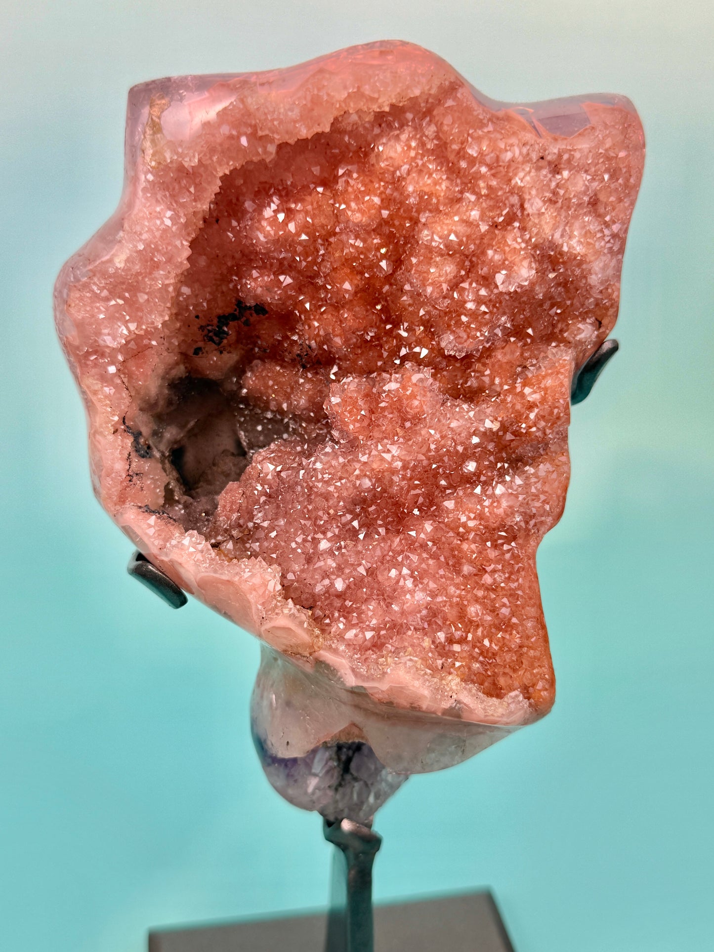 Collectors!! Orange encrusted purple amethyst with calcite inclusion from Uruguay on stand
