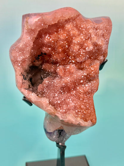 Collectors!! Orange encrusted purple amethyst with calcite inclusion from Uruguay on stand
