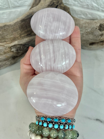 1 stunning pink mangano calcite palm stone