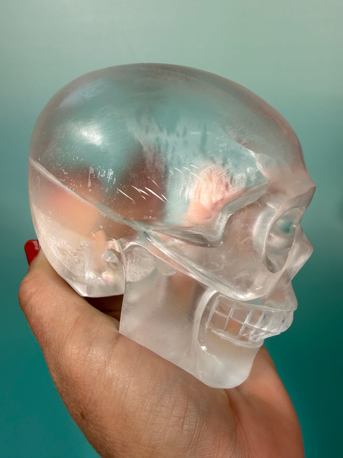 Stunning satin spar skull carving A