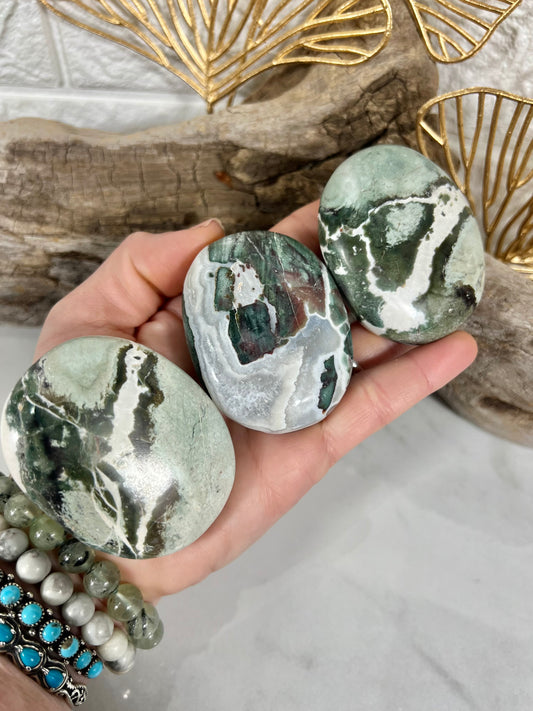 1 LG green zebra jasper palm stone