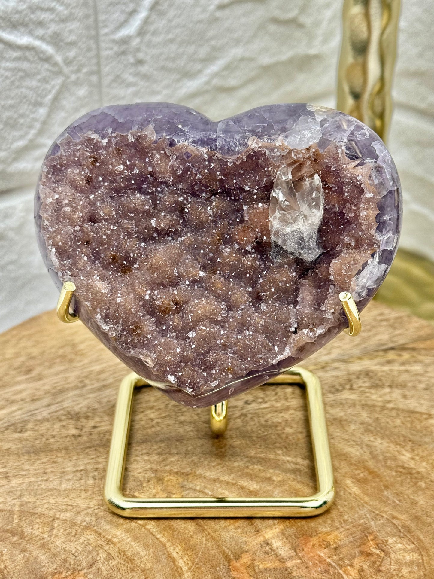 Incredible amethyst heart with calcite on gold stand from Brazil