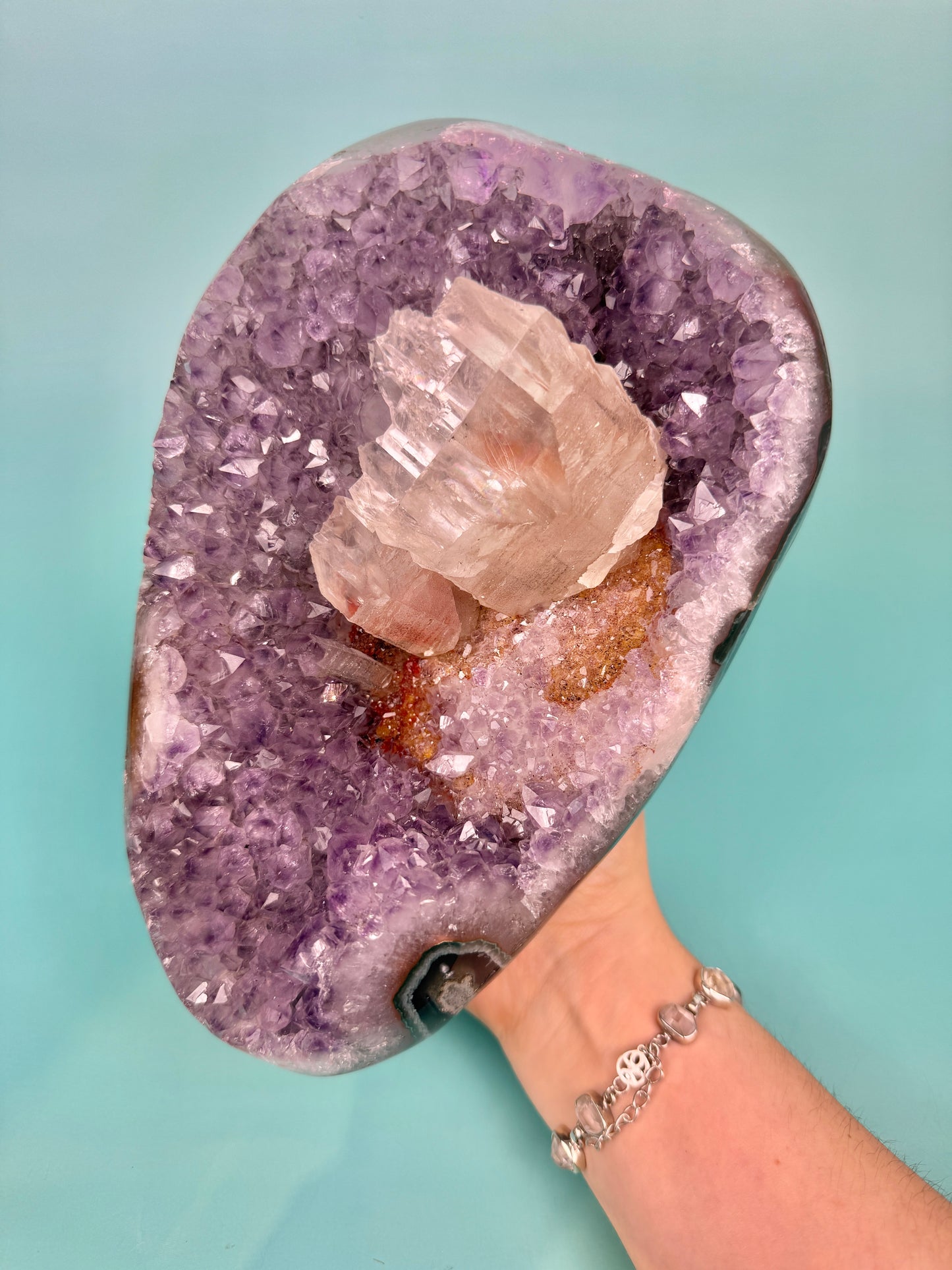 Statement juicy purple Uruguay amethyst with orange color and big calcite inclusion (comes with stand)