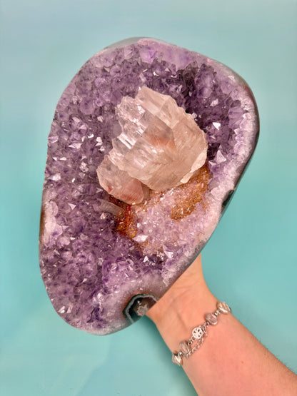 Statement juicy purple Uruguay amethyst with orange color and big calcite inclusion (comes with stand)