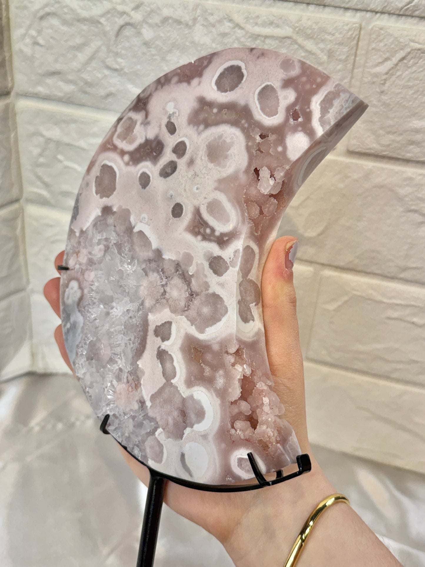 Insane XL pink amethyst x flower agate moon on custom stand with druzy