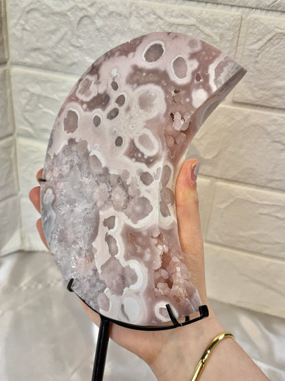 Insane XL pink amethyst x flower agate moon on custom stand with druzy